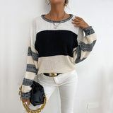 Women Knitted Sweater Fall Thin Pullover round Neck Black and White Contrast Color Sweater