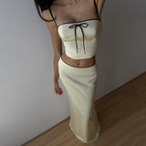 Women Tops Spring Bare Midriff Slim Fit Two-Piece Set Sexy Camisole Mid-Length Dress Set