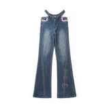 Women Pants Jeans Lace Love Embroidered Loose-Fitting Wide-Leg Trousers