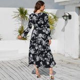 Women Date Dress Autumn and Winter Leisure Floral Print Long Sleeve Lace up Casual Dress Maxi Dress