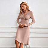 Women Dress V-neck Knitted Long Sleeves Dress