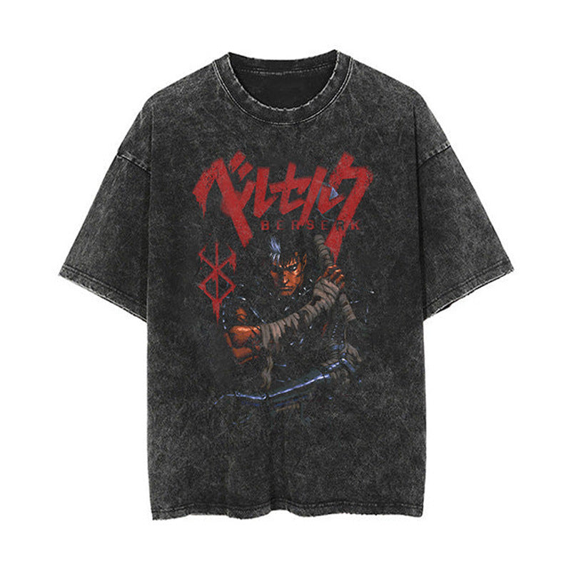 Cotton washed summer retro print T-shirt rap men's and women's short sleeves