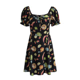 Women Dresses Summer Vintage Printed Dress Puff Sleeve Lace-up Skirt (Xds0414)