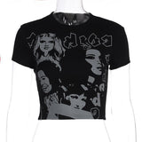 Women T-shirt Face Print Pattern Y2g round Neck Short Sleeve Slim Top