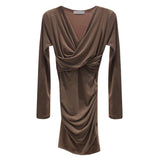 Women Dresses  卡其色褶皱V领连衣裙秋冬包臀长袖短裙