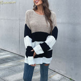 Women Knitted Sweater Fall Mid-Length Women's Striped round Neck Knitted Sweater