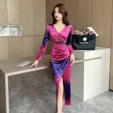 Women Maxi Dress Autumn Winter Sexy V-neck Pleuche Long Sleeve Dress