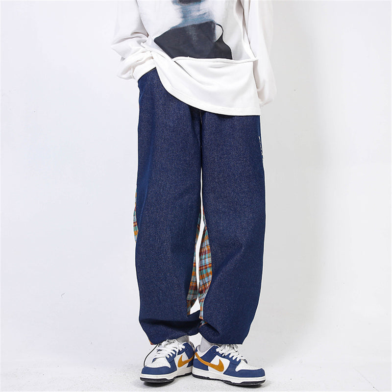 Men Sweatpants Vintage Plaid Stitching Casual Straight Pants Loose Drawstring Ankle Banded Pants
