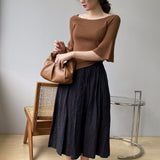 Women Knitted T-shirt Bell Sleeve Solid Color T-shirt Summer round Neck Top
