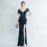 Harlem Nights Outfits Velvet High-Density Sequined Fishtail Evening Dress