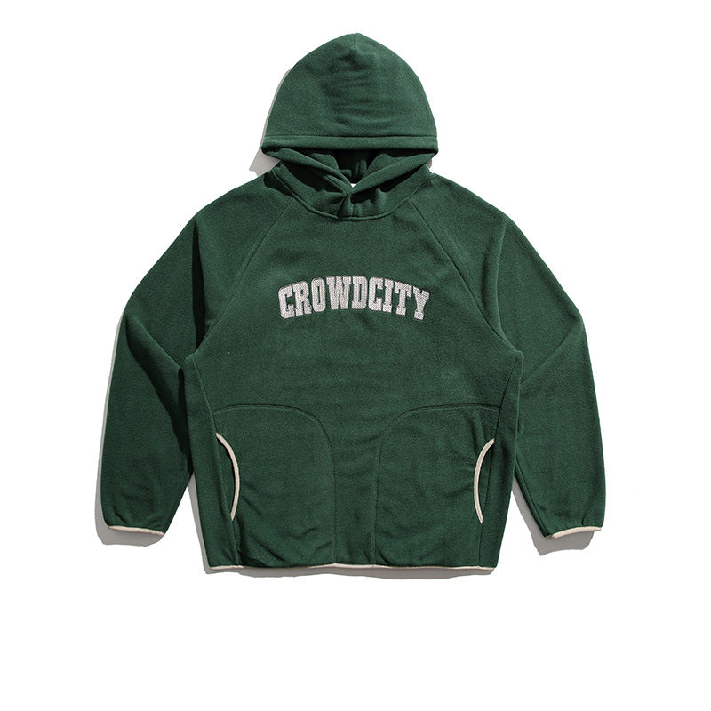 Unisex Winter Cotton Coat Letter Embroidered Hoodie Vintage Polar Fleece Pullover Top