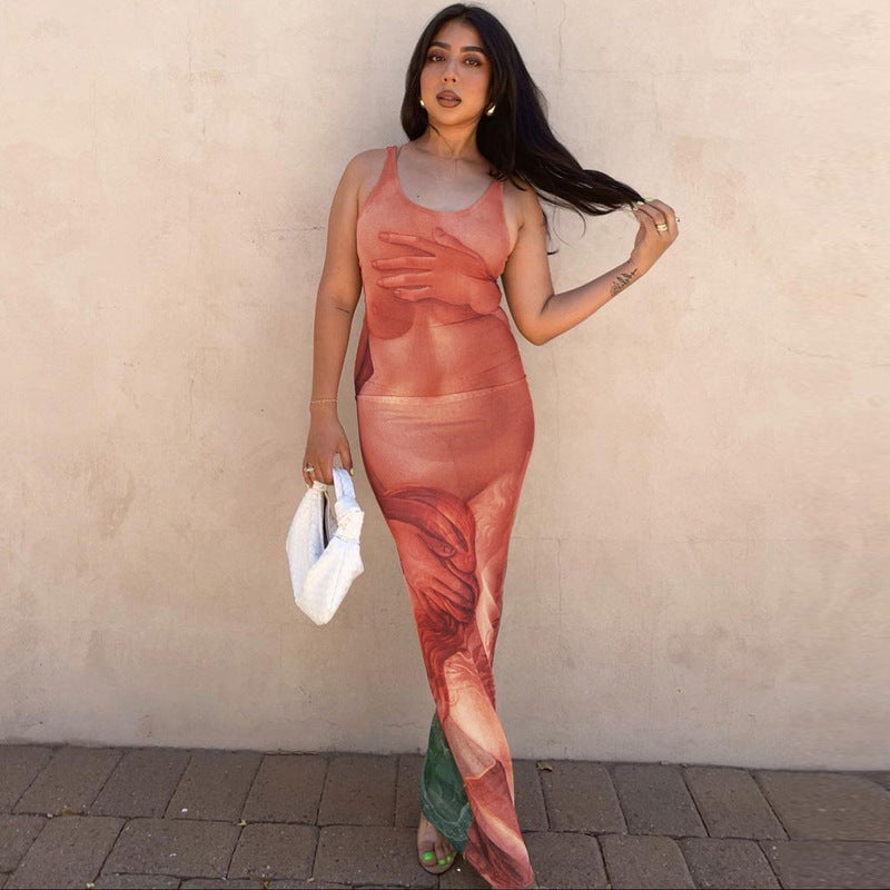 Women Dresses Summer Printed U-Neck Backless Slim Fit Sleeveless Dress