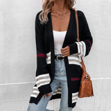 Women Knitted Sweater Autumn and Winter Long Sleeve Color Matching Long Sweater Cardigan Coat
