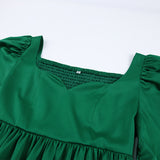Women Dress Green Satin Waist Princess Dress Women Elegant Puff Sleeve Dress
