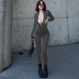 Women Jumpsuit Spring Zipper Slim Fit Long Sleeve Jumpsuit