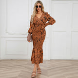 Women Date Dress Long Dress Leopard Print V-neck Belt Printed Fishtail Skirt