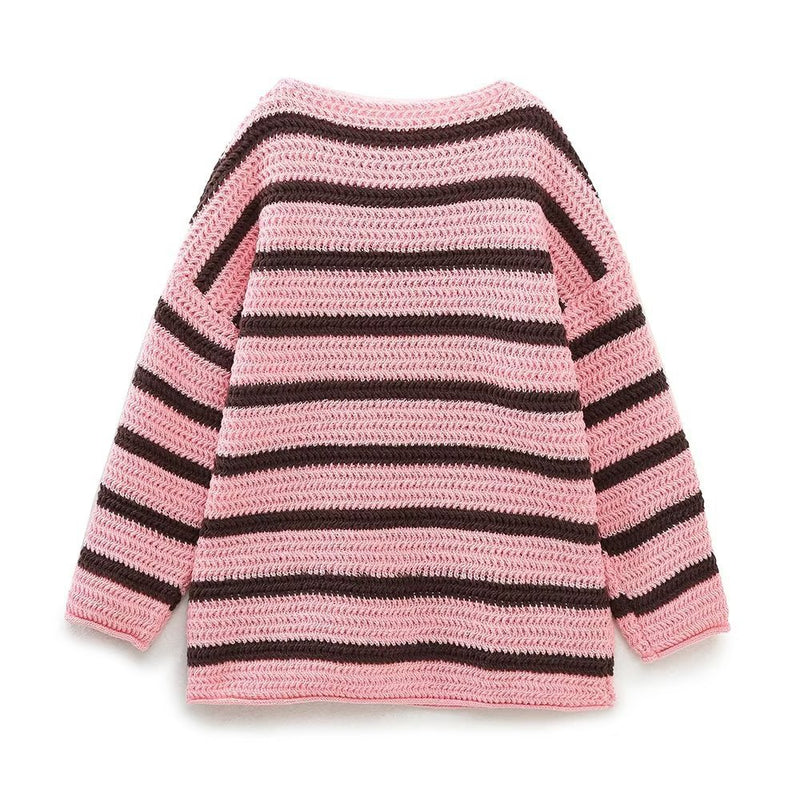 Women Sweater Knitwear Autumn Winter Retro Striped round Neck Sweater Loose Sweater