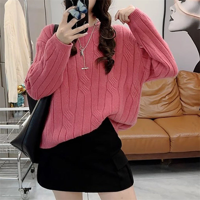 Women Knitted Pullover Autumn and Winter round Neck Pullover Retro Twist Sweater Casual Loose Knitted Top