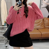 Women Knitted Pullover Autumn and Winter round Neck Pullover Retro Twist Sweater Casual Loose Knitted Top