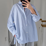 Women Trench Coat Blue Striped Long Sleeve Shirt Casual Winter
