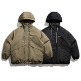 Unisex Winter Cotton Coat Pocket Decorative Hooded Cotton-Padded Coat Vintage Loose and Warm Cotton-Padded Coat