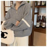 Women Knitted Pullover Loose Sweater Zipper and Lapel Autumn and Winter Knit Casual Top