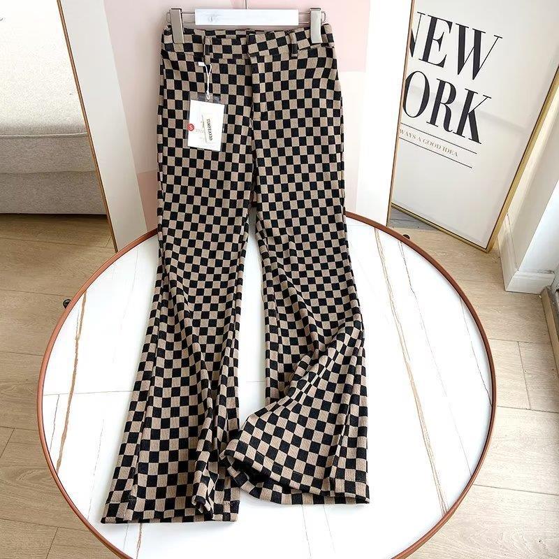 Women Sweatpants Vintage Chessboard Plaid Pants Autumn Knit Casual Sweatpants Bell-Bottom Pants