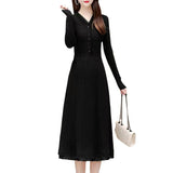 Women Knitwear Spring and Autumn V-neck Mid-Length Sweater Knitted Dress