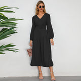 Women Date Dress Autumn and Winter V-neck Bubble Long Sleeve Dress