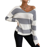 Women Knitted Sweater Season Casual Long Sleeve V-neck Striped Sweater