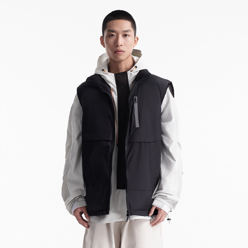 Unisex Winter Cotton Coat Zipper Pocket Decorative Stand Collar Cotton Vest