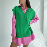 Ladies Leisure Knitwear Loose V-neck Knitted Sweater Vest Autumn and Winter Sleeveless Knitwear
