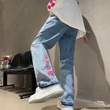 Men Jeans Embroidered Washed Distressed Loose Straight Pants Trousers