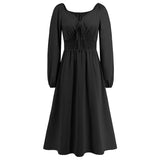 Women Date Dress Slim-Fit Long Sleeve V-neck Lace-up A- line Dress Lantern Sleeve Dress