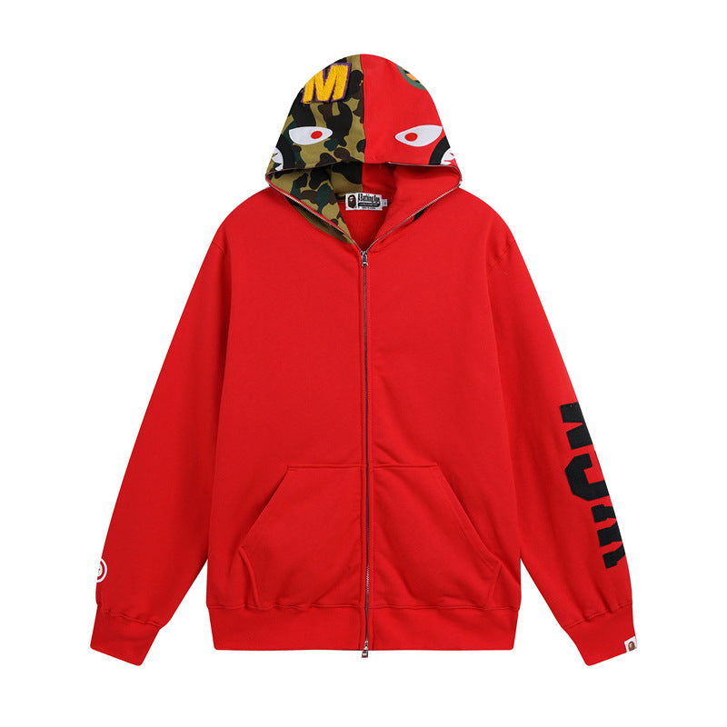 Bathing Ape Hoodie Autumn and Winter Shark Head Color Matching Cardigan Loose Sweater Jacket