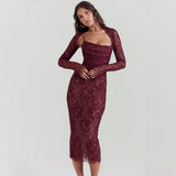 Women Dresses Autumn Sexy Long Sleeve Strap Lace Sling Dress (Bla0420)