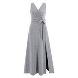Women Date Dress Sexy Sleeveless V-neck Slit Slim Fit Long Dress