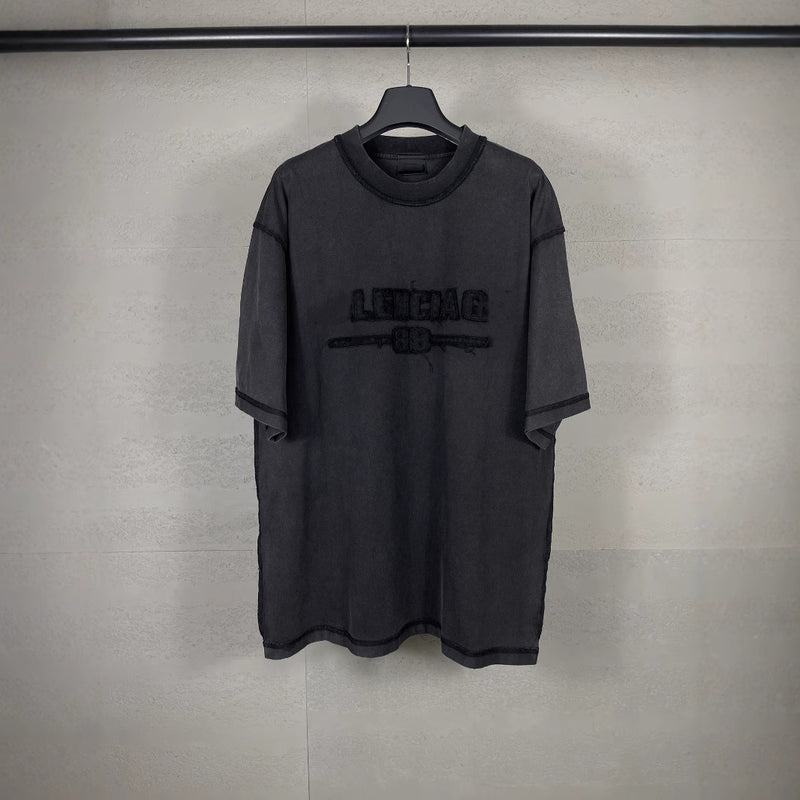 Men T-shirts Paris LOGO Embroidery Washing Water Short Sleeve T-Shirt Loose Casual