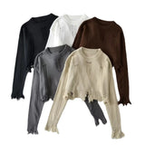 Women Sweater Knitwear round Neck Ripped Fringed Burr Loose Long Sleeve Short Sweater