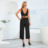 Women Date Dress Summer Sleeveless V-neck Slim Fit Tied Jumpsuit Straight-Leg Pants