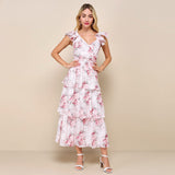 Women Dresses Sexy V-neck Backless Maxi Dress Floral Dress Beach Dress (Lbk0409)