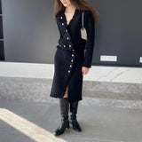 Women Knitted Two-Piece Set Spring Suit V-neck Top and Skirt 8t8221