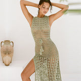 Women Knit Beach Cover Summer Hollow out Tied Tassel Beach Maxi Dress