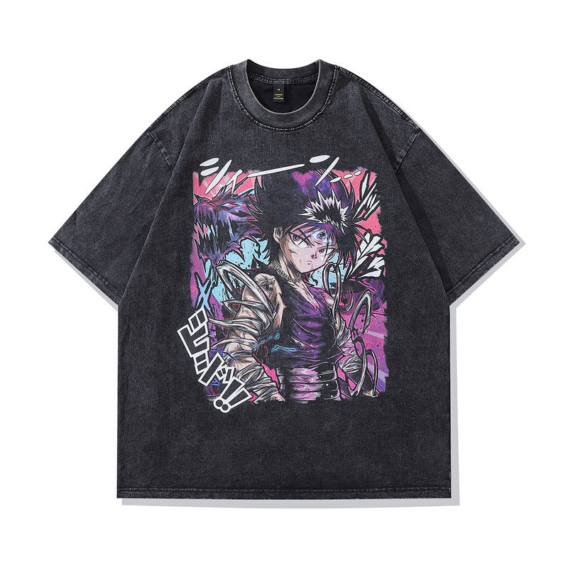 Men T Shirt Cartoon Distressed Short Sleeve T-shirt Vintage Washed Oversize Half Sleeve T-shirt