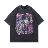 Men T Shirt Cartoon Distressed Short Sleeve T-shirt Vintage Washed Oversize Half Sleeve T-shirt
