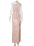 Women Evening Gown Sexy Backless Mesh Stitching Sequins Dress