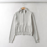 Women Sweater Knitwear Vintage Double Zipper Lapel Cardigan Top Coat Short Long Sleeve Sweater