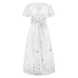 Women Date Dress Slim Fit Embroidered Leaves Sequin Gauze Dress Skirt