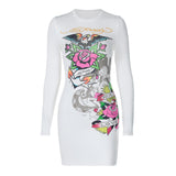 Women Dresse White with Printed Pattern Dress Sexy Short Long Sleeve Hip Skirt