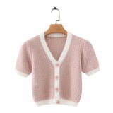 Women Sweater Knitwear Spring and Autumn V-neck Short Sleeve Slim Fit Single-Breasted Sweater